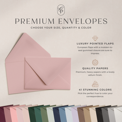 Our A2 and A7 envelops are made from quality, heavy paper with a lovely vellum finish and are available in 27 colors