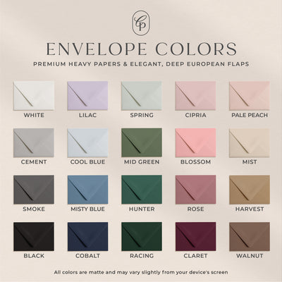 Choose from 20 stunning envelope colors featuring elegant, deep euro flaps