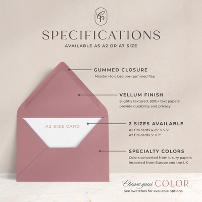 Our premium envelopes feature a gummed closure, vellum finish, are available in an array of stunning colors and a deep Euro flap