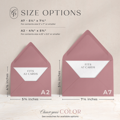 A7 envelopes are 5-1/4"x7-1/4" and fit A7 cards, A2 envelopes are 4-3/8"x5-3/4" and fit A2 cards