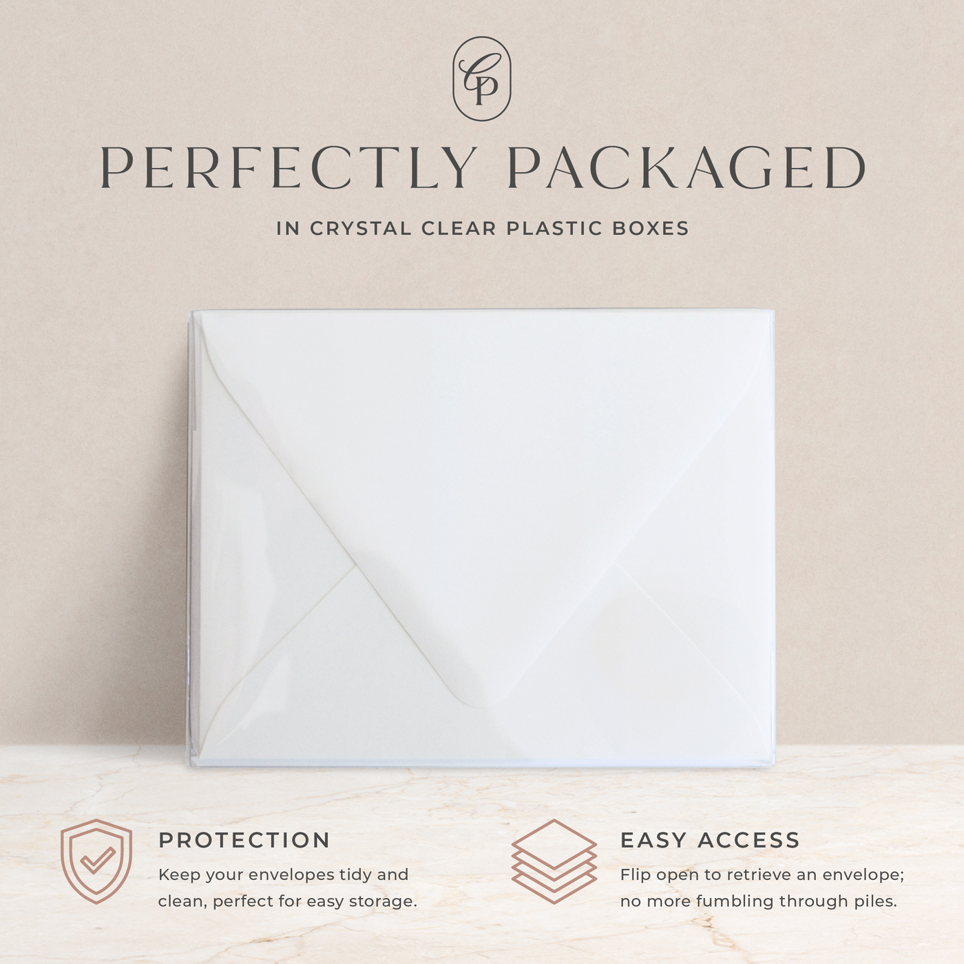 Every envelope order is packaged in crystal clear plastic boxes, perfect for gift giving or storage