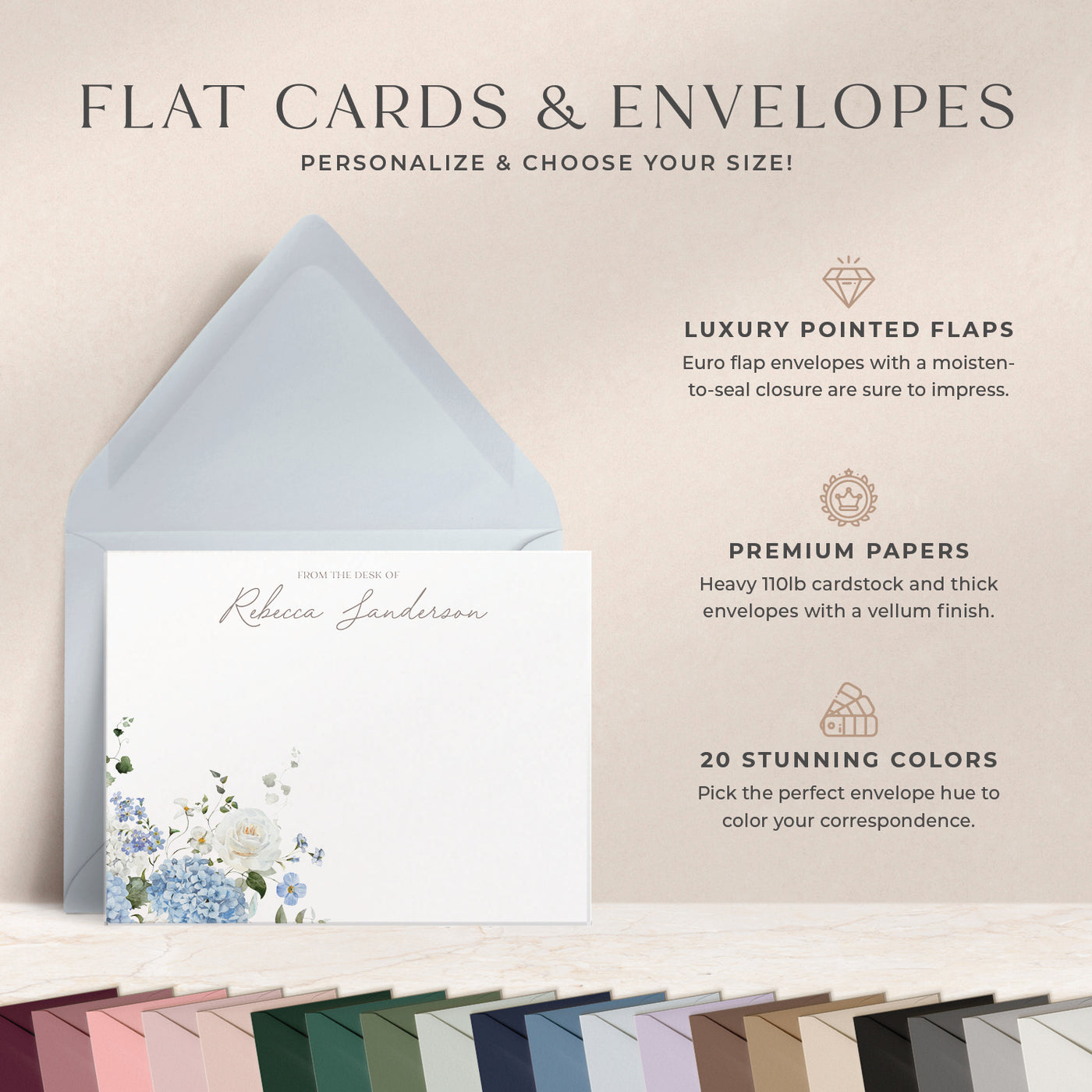 At Curio Press, you can personalize the text on the front of your note cards and select from 20 envelope colors