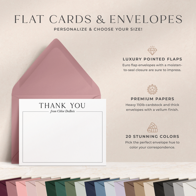 At Curio Press, you can personalize the text on the front of your note cards and select from 20 envelope colors