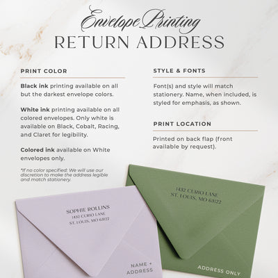 Curio Press offers optional address printing in two styles, printed on the back flap of our euro flap envelopes