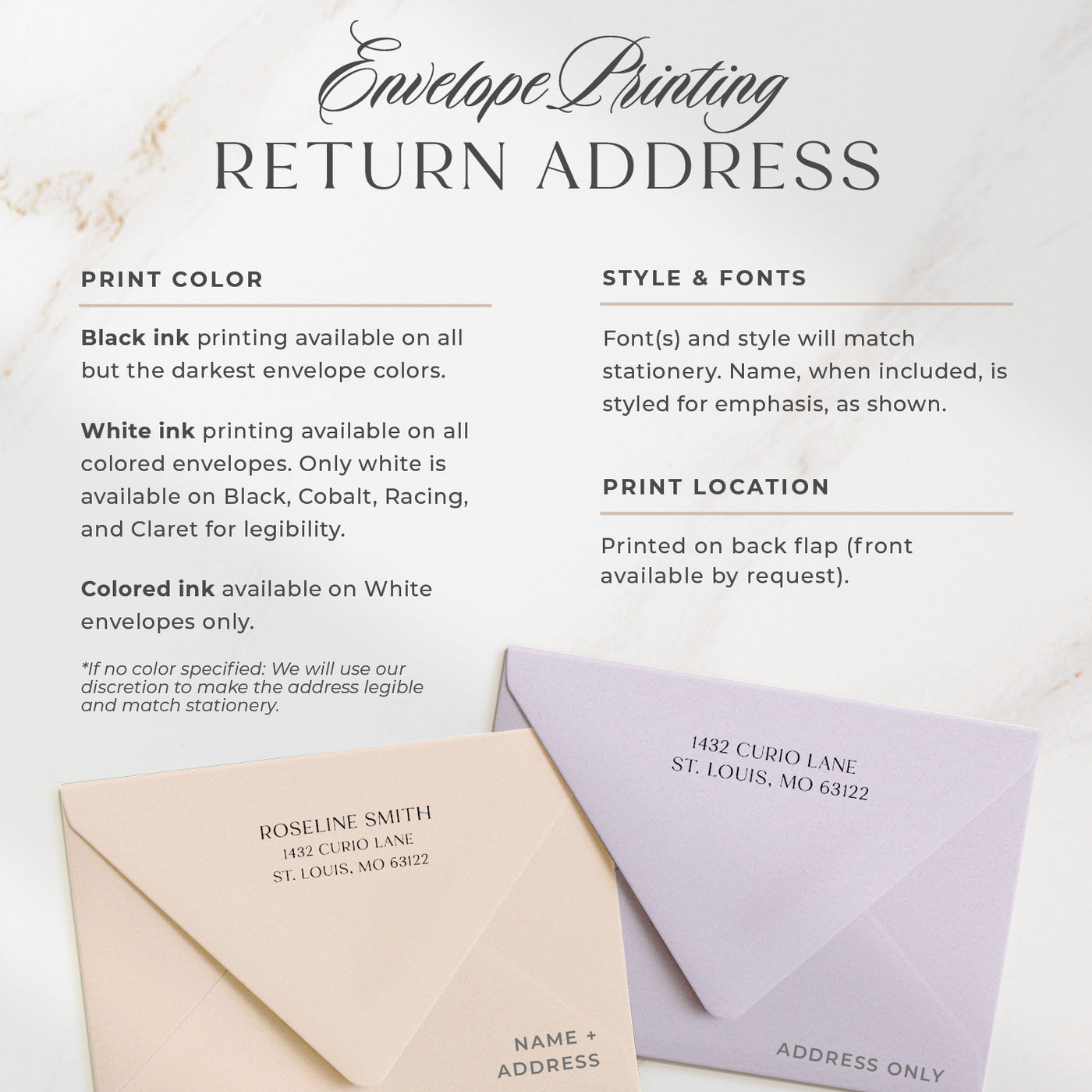 Curio Press offers optional address printing in two styles, printed on the back flap of our euro flap envelopes