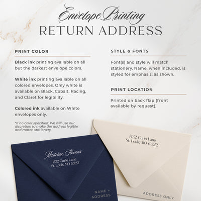 Curio Press offers optional address printing in two styles, printed on the back flap of our euro flap envelopes