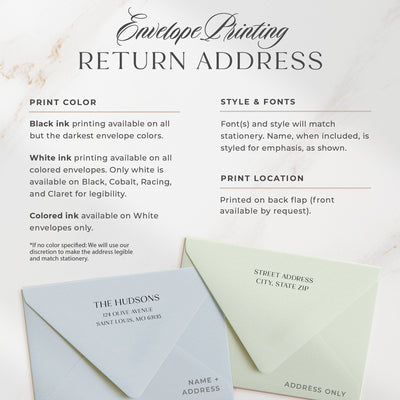 Curio Press offers optional address printing in two styles, printed on the back flap of our euro flap envelopes