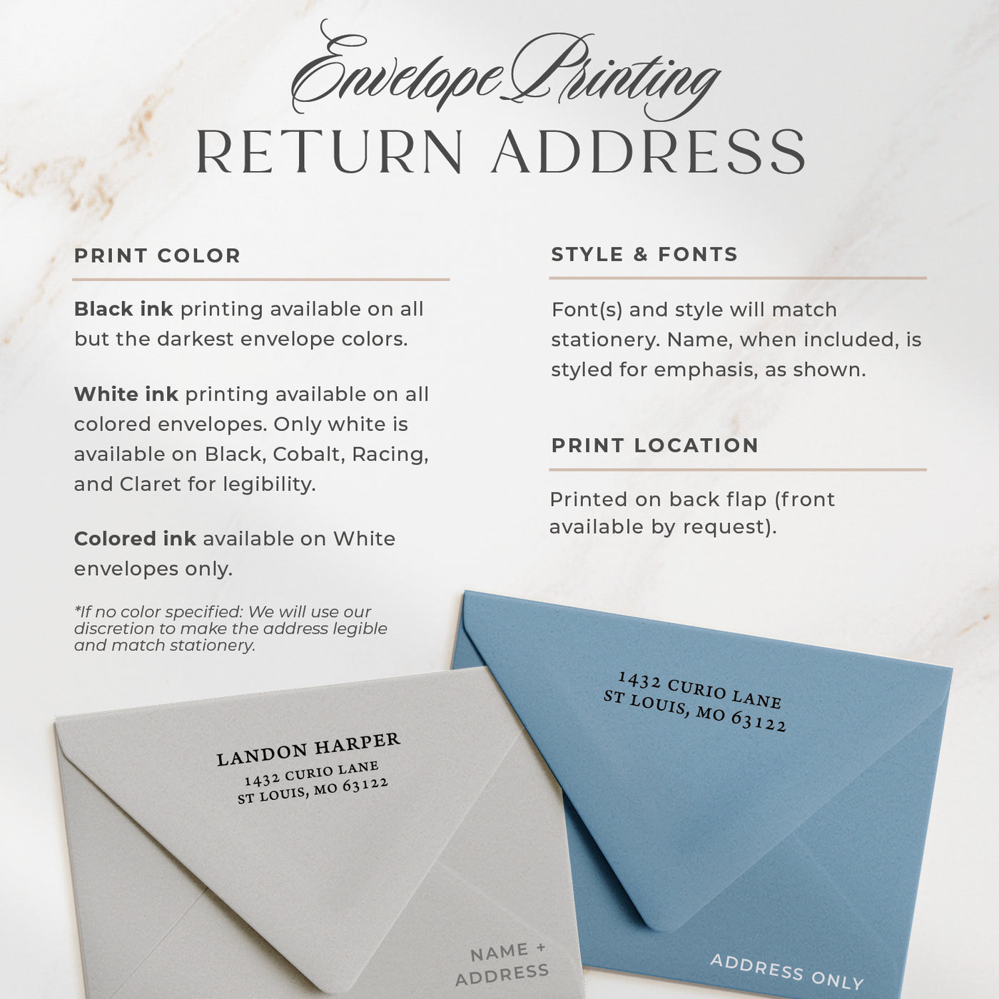 Curio Press offers optional address printing in two styles, printed on the back flap of our euro flap envelopes