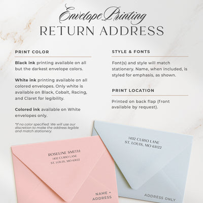 Curio Press offers optional address printing in two styles, printed on the back flap of our euro flap envelopes