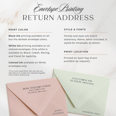 Curio Press offers optional address printing in two styles, printed on the back flap of our euro flap envelopes