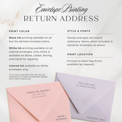 Curio Press offers optional address printing in two styles, printed on the back flap of our euro flap envelopes