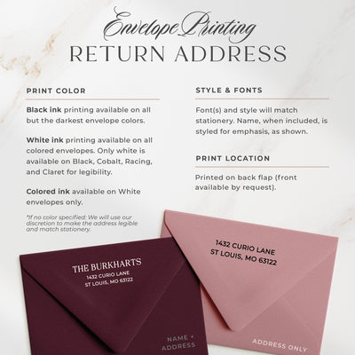 Curio Press offers optional address printing in two styles, printed on the back flap of our euro flap envelopes