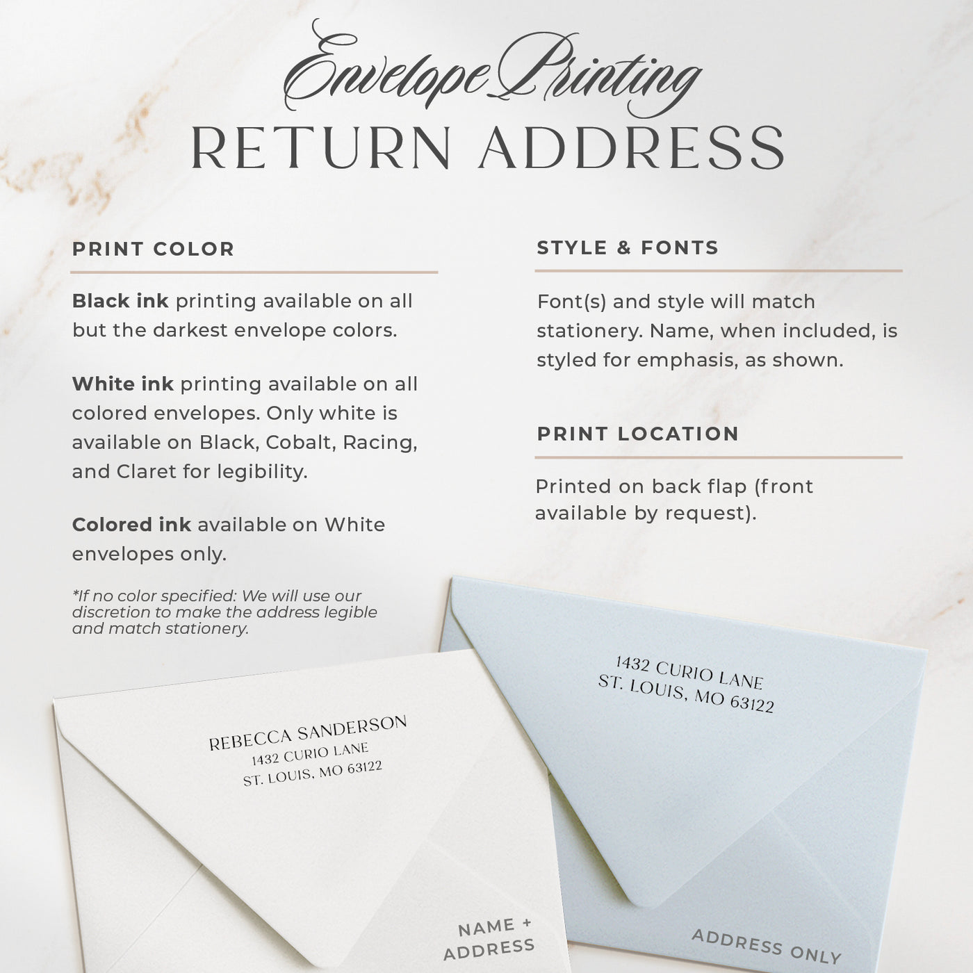 Curio Press offers optional address printing in two styles, printed on the back flap of our euro flap envelopes