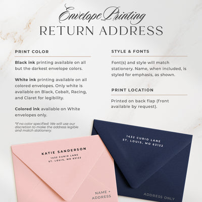 Curio Press offers optional address printing in two styles, printed on the back flap of our euro flap envelopes