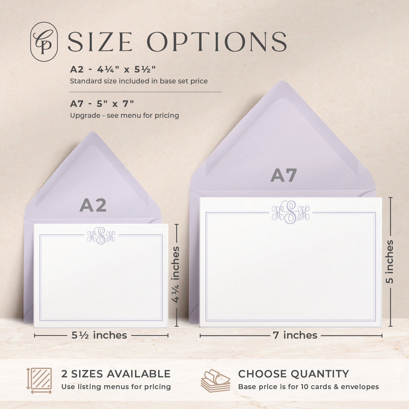 Our custom cards are available in both A2 and A7 sizes and made with thick luxe card stock