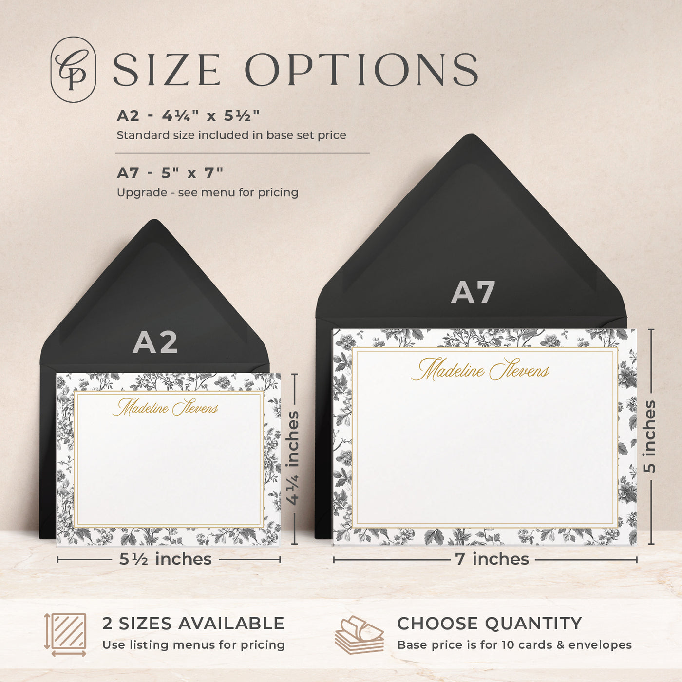 Our custom cards are available in both A2 and A7 sizes and made with thick luxe card stock