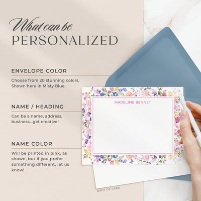 Select your personalization, envelope color and ink color on our completely custom note cards
