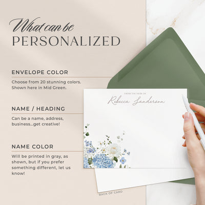 Select your personalization, envelope color and ink color on our completely custom note cards