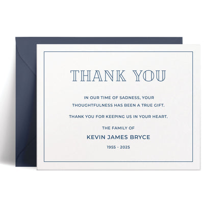 Custom bereavement thank you card featuring a bold outline font and heartfelt message in your choice of ink