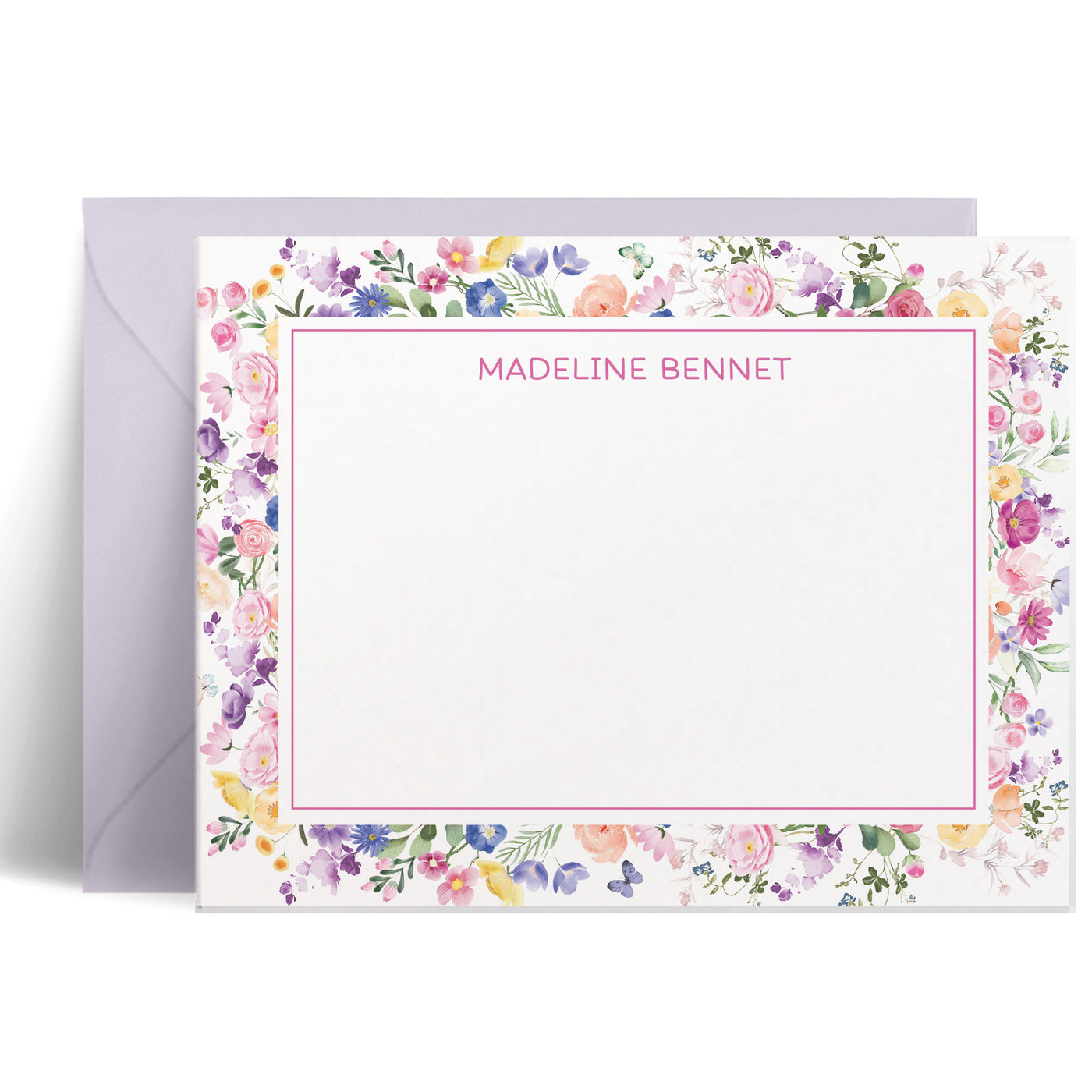 Personalized flat note card set features a bright, colorful border of flowers and butterflies along with your name