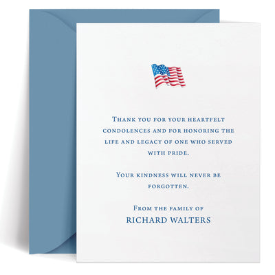 Personalized bereavement card honoring a veteran with watercolor flag illustration, classic elegant font in blue ink, heartfelt thank-you message, sympathy stationery