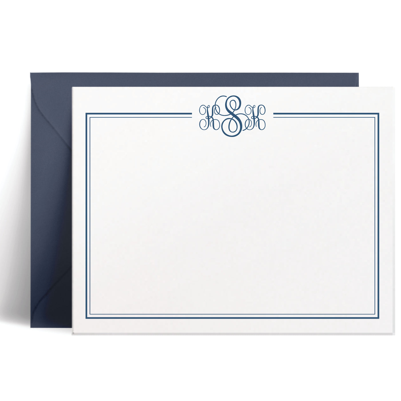 This classic custom note card set features an interlocking monogram in a lovely script font with elegant border