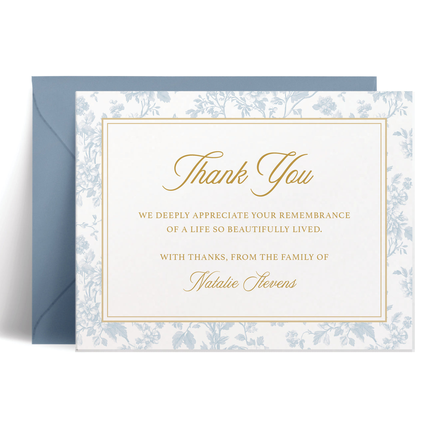 Personalized bereavement card with elegant toile border and gold frame, classic script message, heartfelt family gratitude, sophisticated sympathy stationery