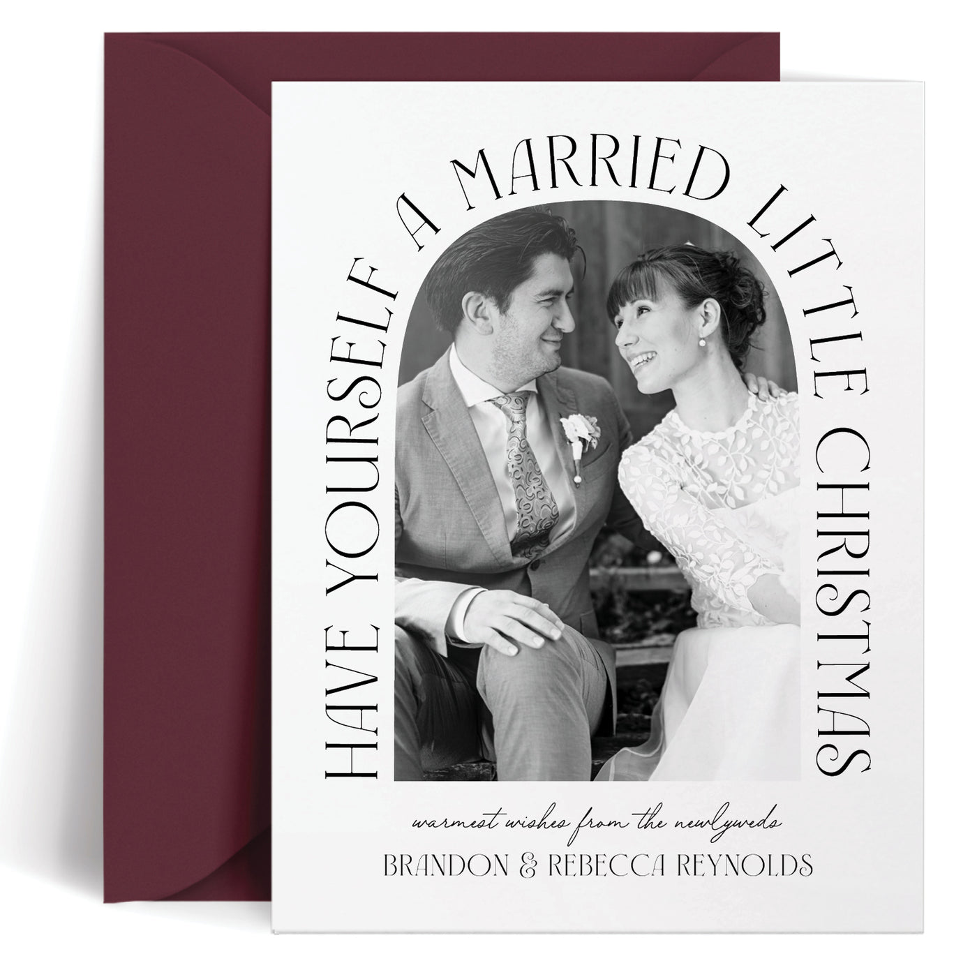 Custom greeting card with a wedding photo and text 'Have Yourself a Married Little Christmas' on a white background.