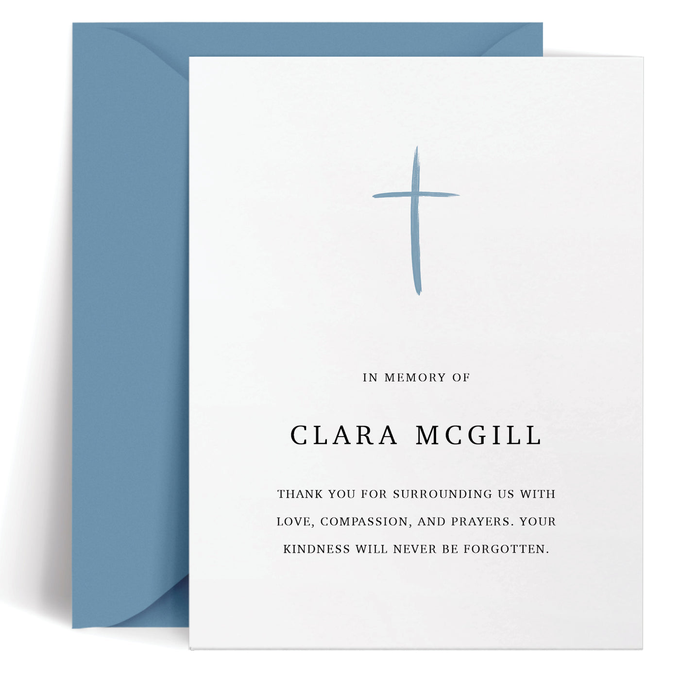 Personalized bereavement card with minimalist hand-drawn cross over classic serif text, heartfelt condolence message, customizable cross and envelope colors, elegant sympathy stationery