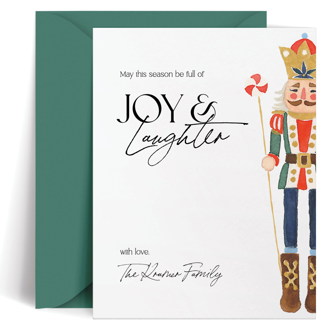 Custom Christmas card with nutcracker illustration and seasonal greeting in a mix of trendy block and script fonts