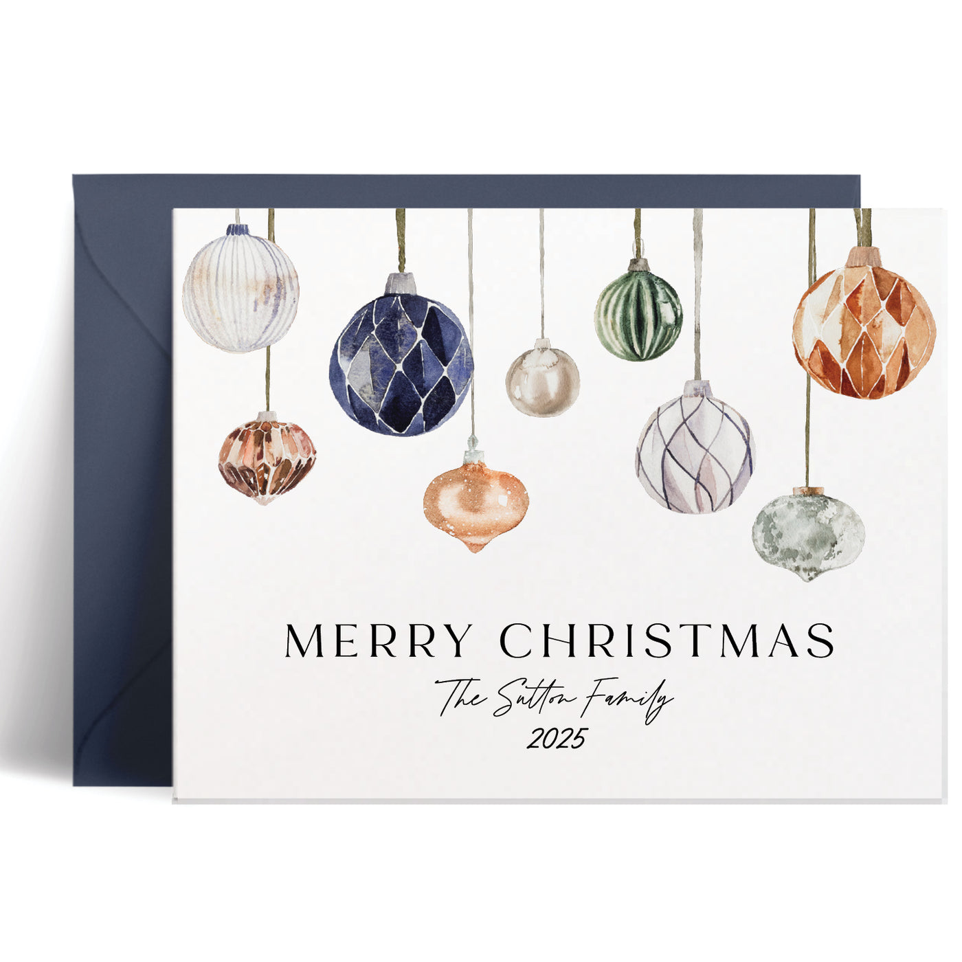 Custom Christmas card with watercolor ornaments in shades of blue, navy and beige with "Merry Christmas" and your name on the front