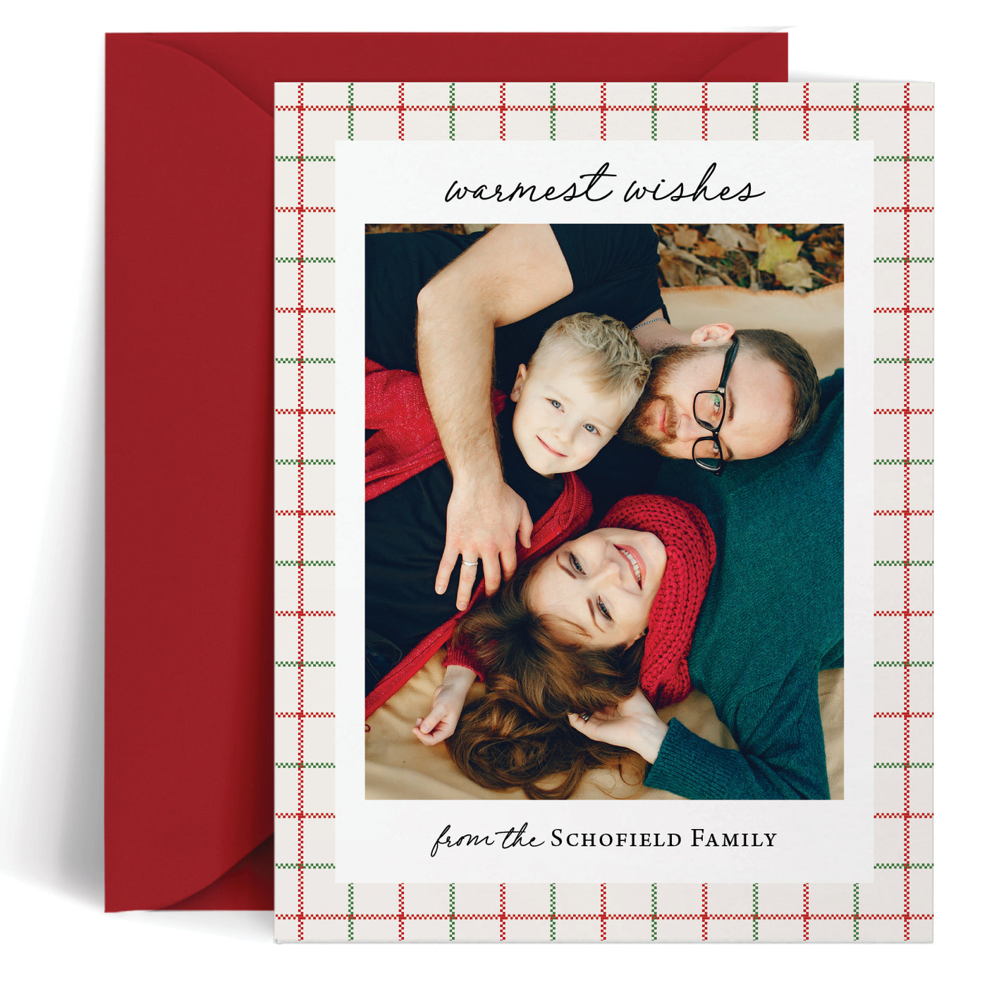 Custom holiday card with a family photo and 'warmest wishes' message, with a cozy red & green plaid border