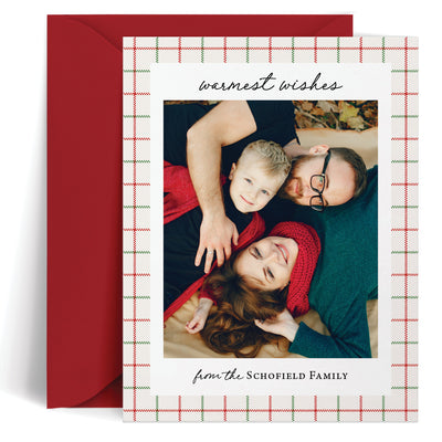 Custom holiday card with a family photo and 'warmest wishes' message, with a cozy red & green plaid border