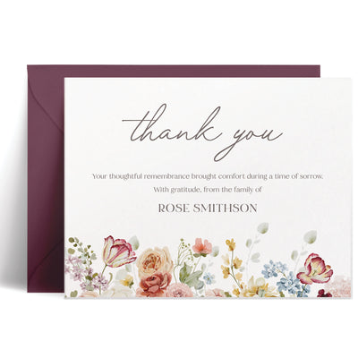 Personalized bereavement card with dusty rose and burgundy floral border, “thank you” in elegant grey script, heartfelt family gratitude message, elegant sympathy stationery