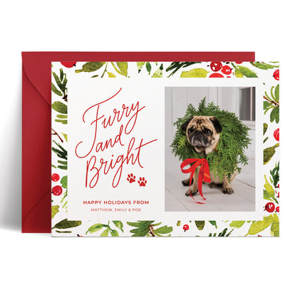 Personalized pet holiday card with a bright watercolor background in red and green with your dog or cat's photo
