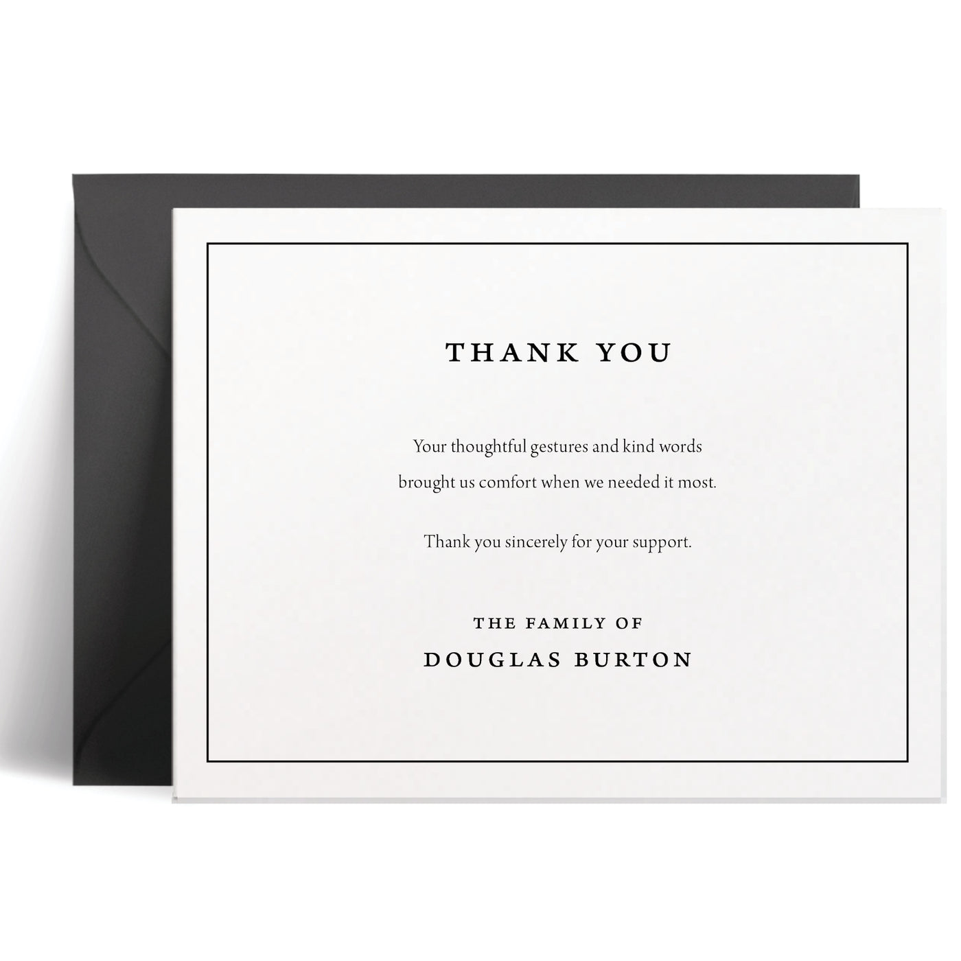 Personalized bereavement card with classic border frame and block font text, heartfelt condolence message, customizable ink and envelope colors, elegant sympathy stationery