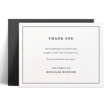 Personalized bereavement card with classic border frame and block font text, heartfelt condolence message, customizable ink and envelope colors, elegant sympathy stationery