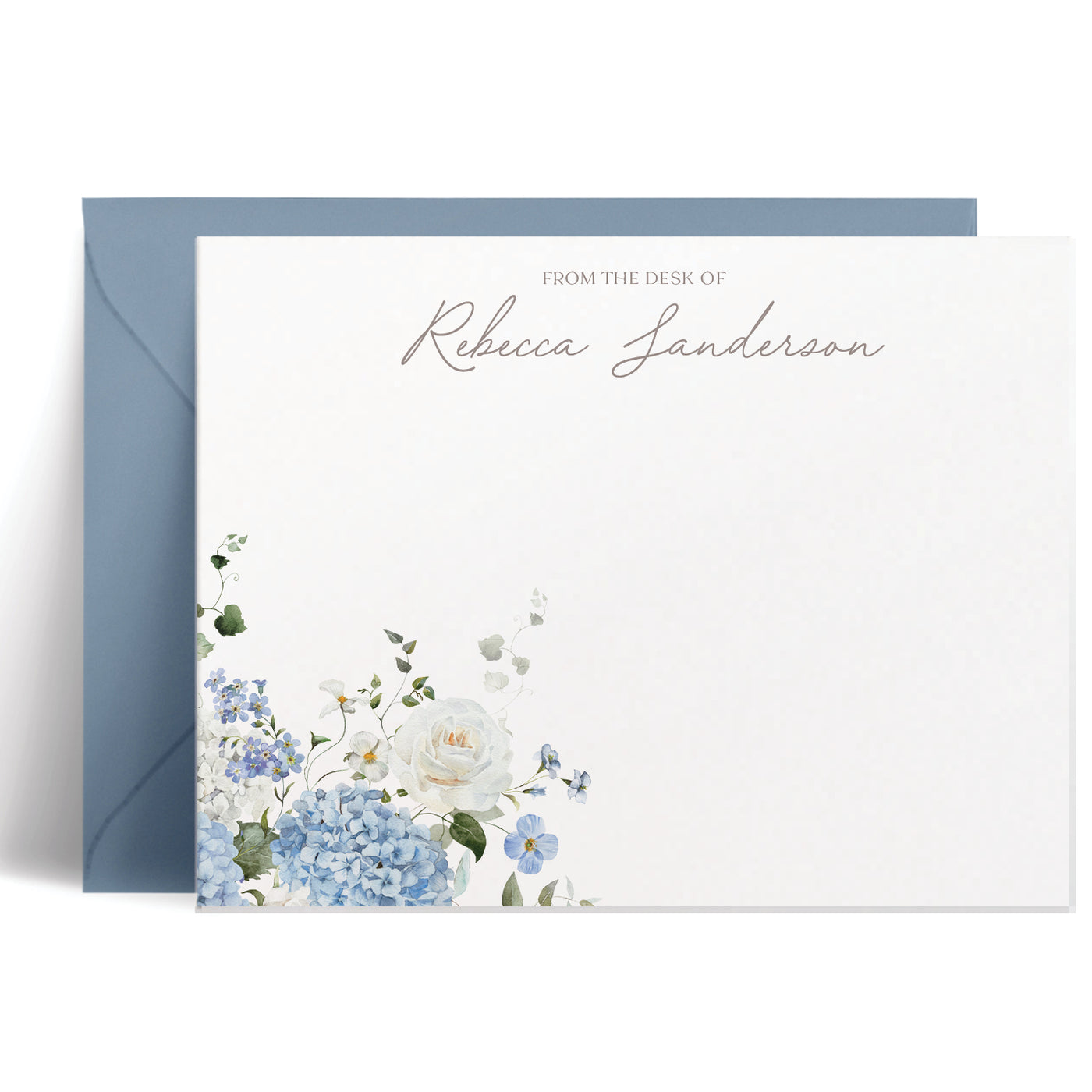 Elegant flat note card set features a beautiful bouquet of blue hydrangea, white roses and green eucalyptus with your name in script