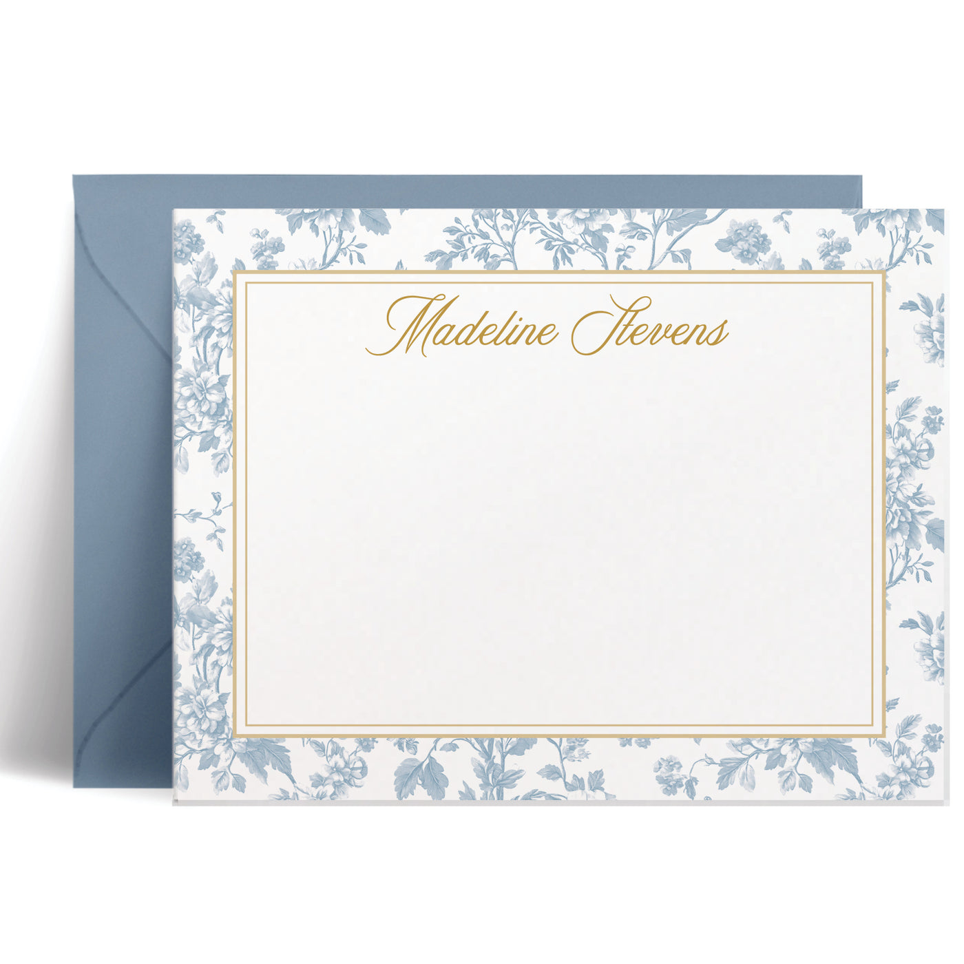 This elegant custom flat note card set features a beautiful toile floral border and your name in script