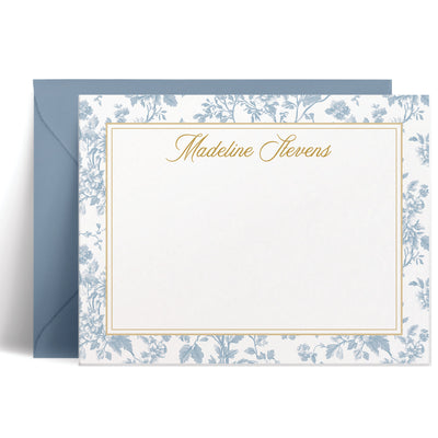 This elegant custom flat note card set features a beautiful toile floral border and your name in script