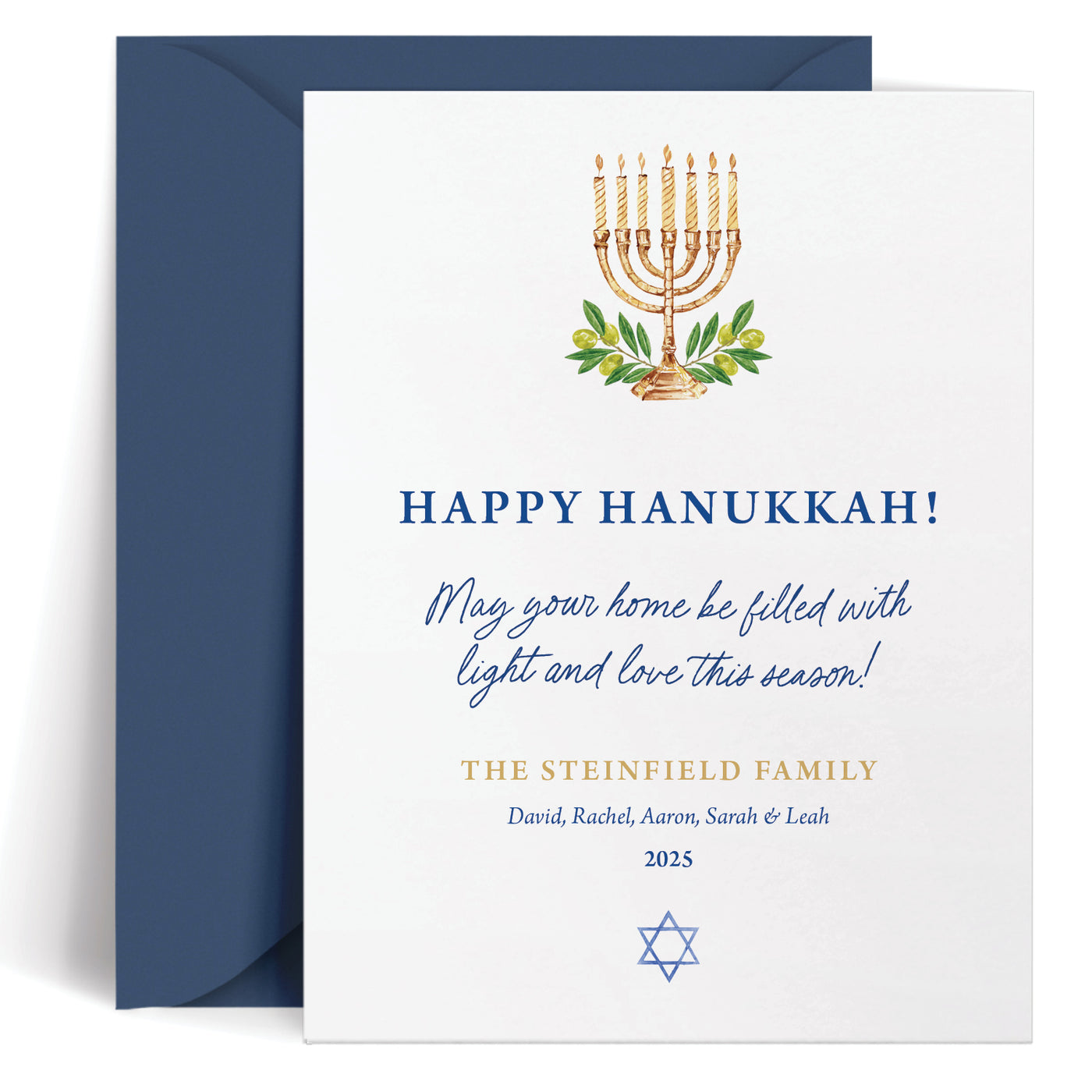 Celebrate the joy of Hanukkah with these beautifully designed custom cards featuring "Happy Hanukkah" in a stylish script. 