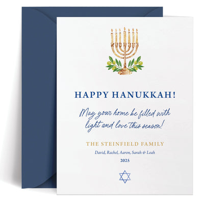Celebrate the joy of Hanukkah with these beautifully designed custom cards featuring "Happy Hanukkah" in a stylish script. 