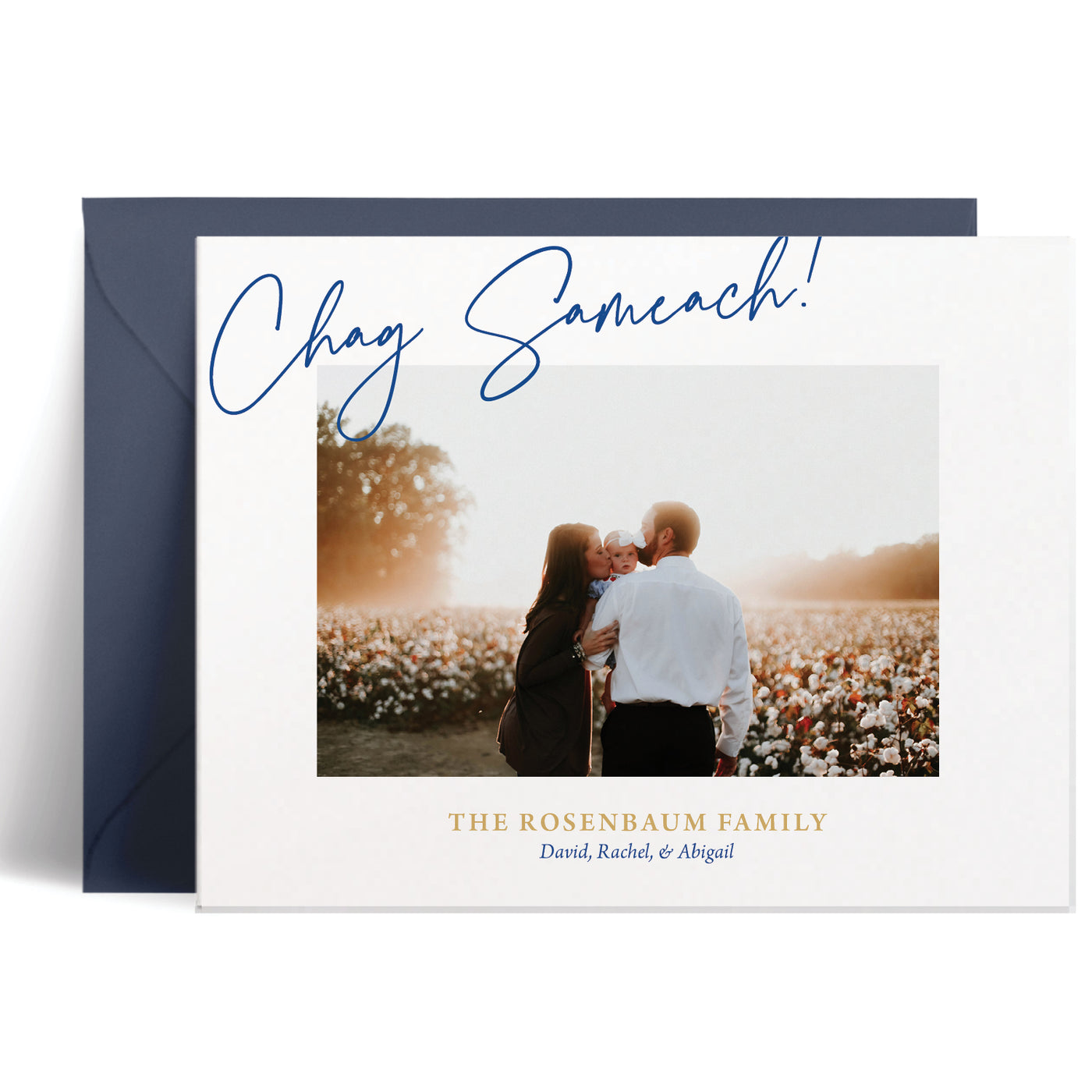 Custom Hannukkah card with a family photo and 'Chag Sameach!' text on a white background