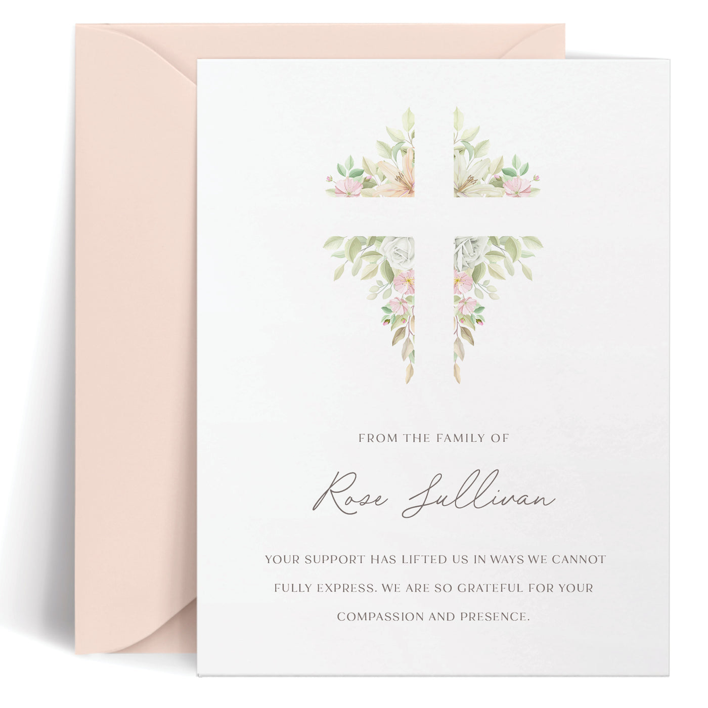 Personalized bereavement card with pastel floral bouquet, delicate cross outline, heartfelt condolence message in grey ink, elegant sympathy stationery