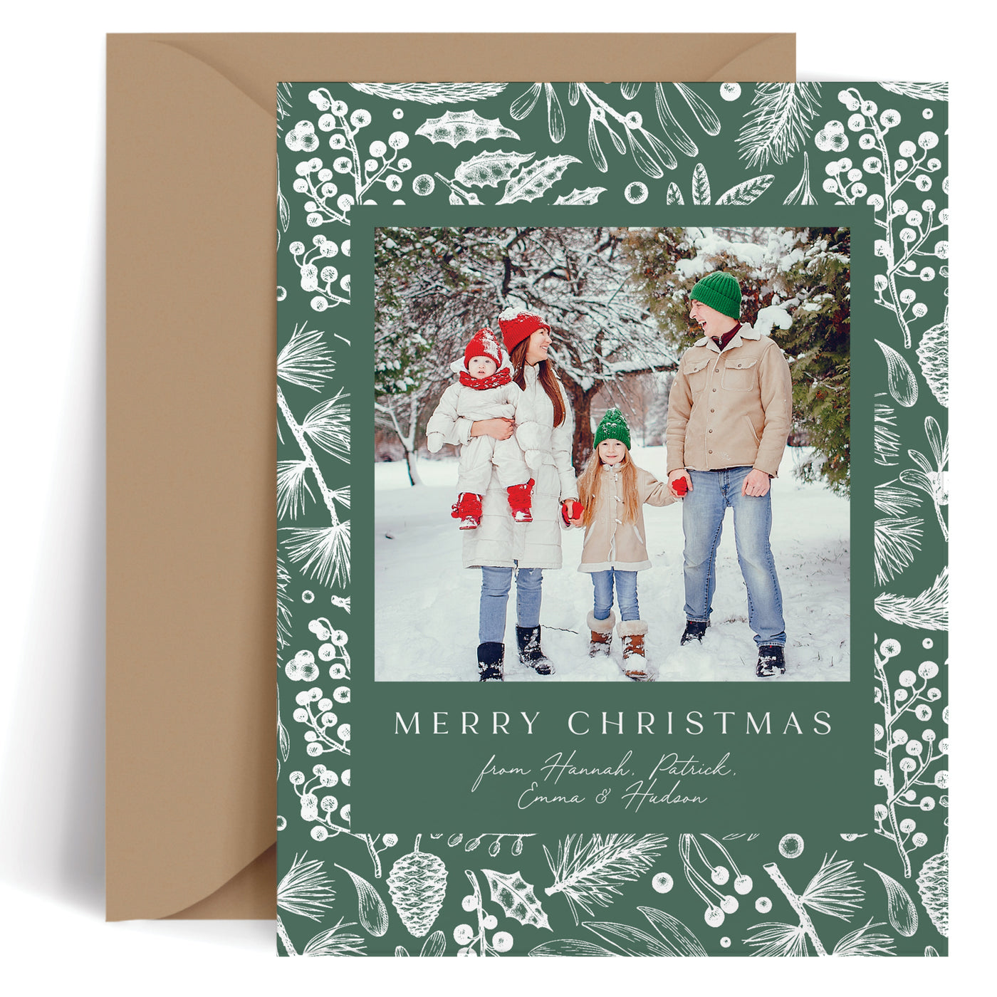 Custom Christmas card with family photo and green and white winter foliage design