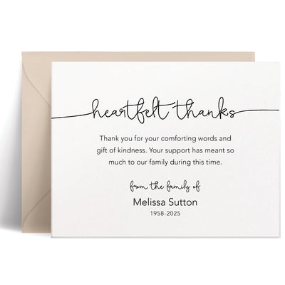 Personalized bereavement card with “heartfelt thanks” in whimsical looped script, printed in black ink, heartfelt family gratitude message, elegant sympathy stationery