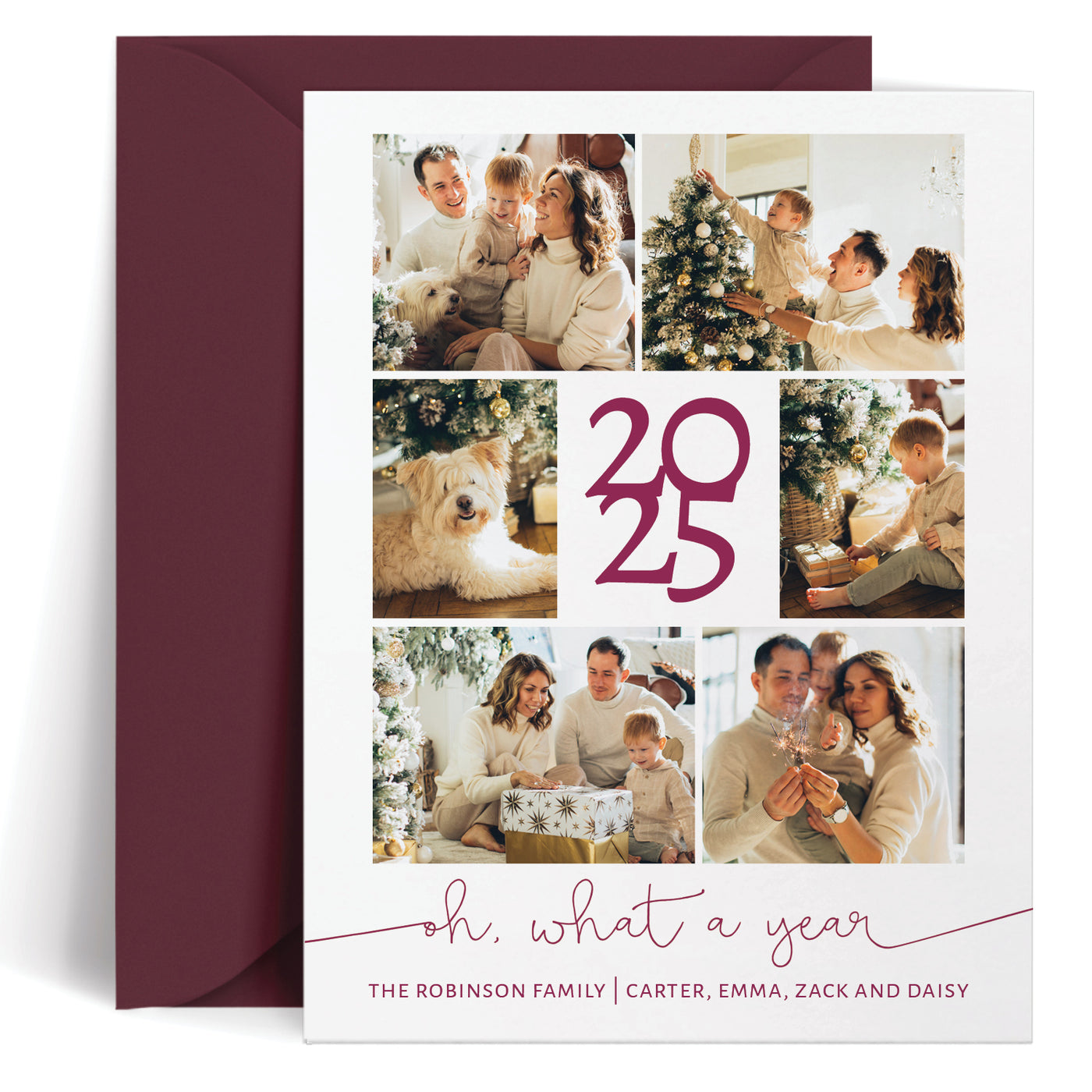 Custom holiday card with six photos highlighting your year in review with the text 'oh what a year' at the bottom