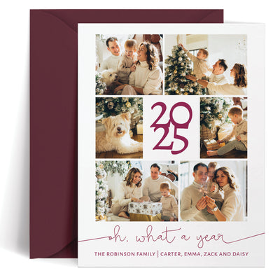 Custom holiday card with six photos highlighting your year in review with the text 'oh what a year' at the bottom