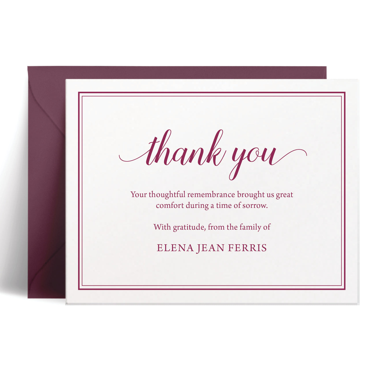 Personalized bereavement card with elegant double border, prominent “thank you” in refined font, traditional all-caps message and name, customizable ink and envelope colors, sophisticated sympathy stationery
