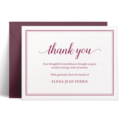Personalized bereavement card with elegant double border, prominent “thank you” in refined font, traditional all-caps message and name, customizable ink and envelope colors, sophisticated sympathy stationery
